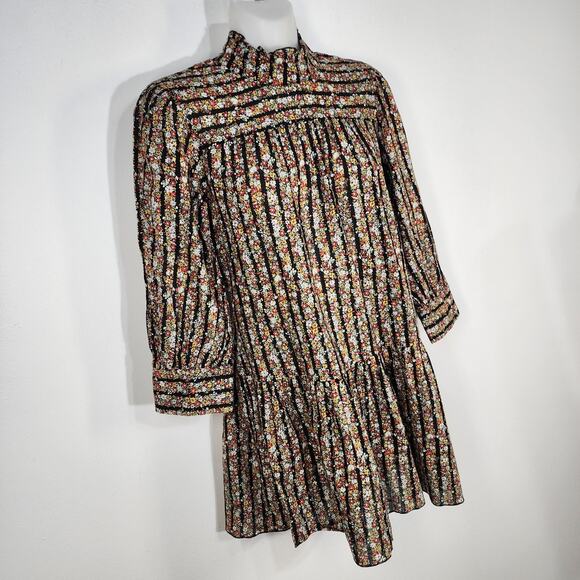 Free People Mini Dress Size 2 Floral Micro Mini Turtleneck 3/4 Sleeve Y2K Peplum - Picture 5 of 11